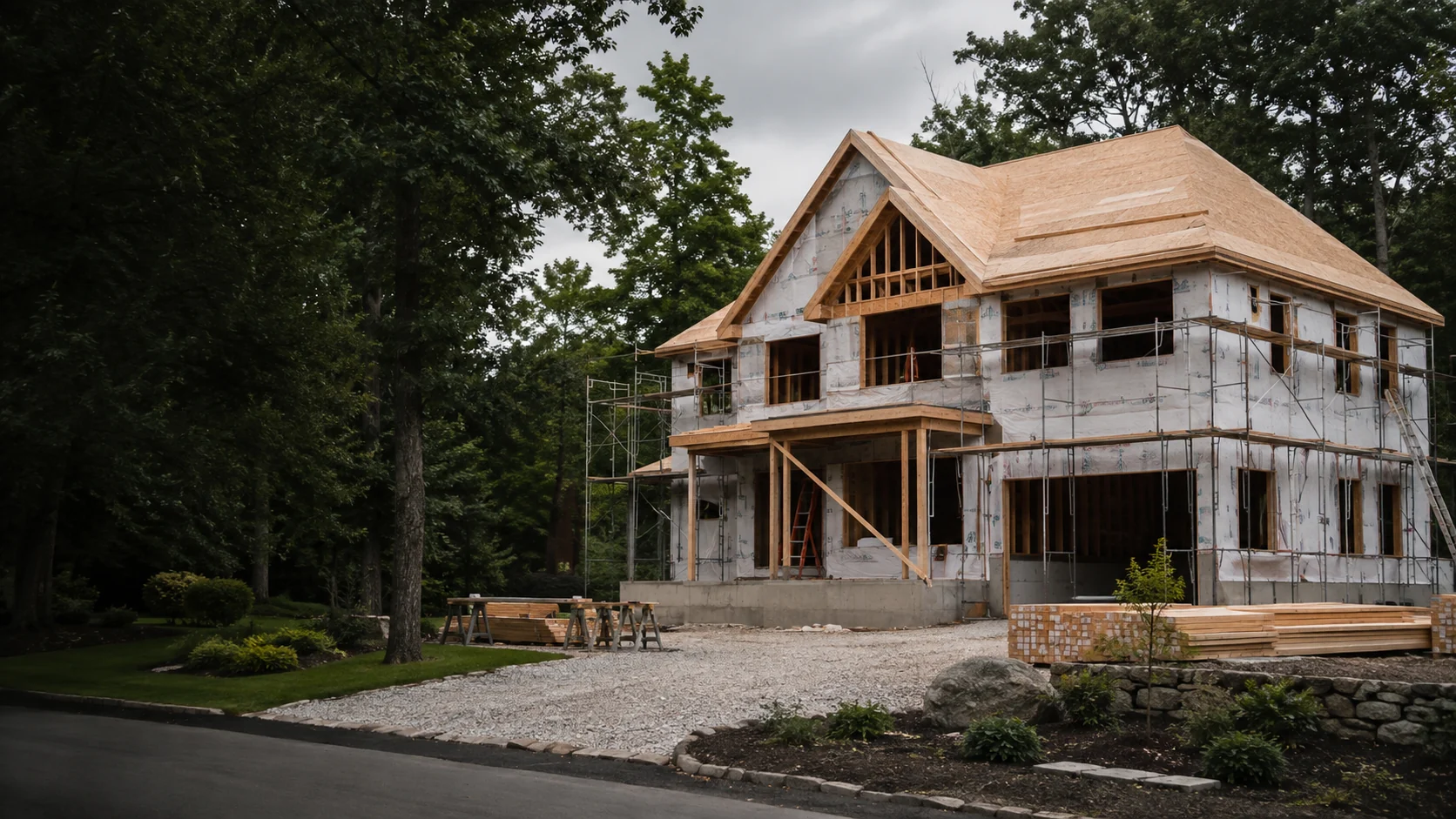 Two-story home under construction in a New England neighborhood